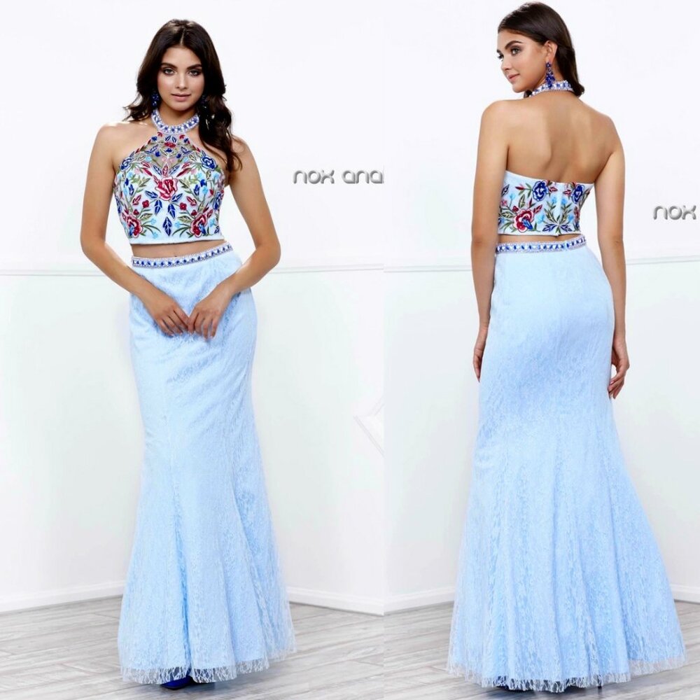 NWT Nox Anabel - 8262 Two Piece Embroidered Mermaid Formal Prom Dress, L,XL,Blue
